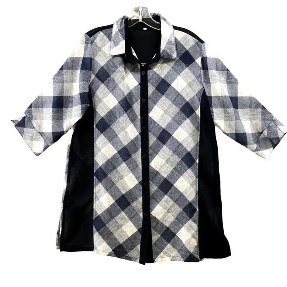 Korean Fashion Top Womens L-XL Chiffon Button Down Tunic Blue Plaid Oversized - Picture 1 of 12